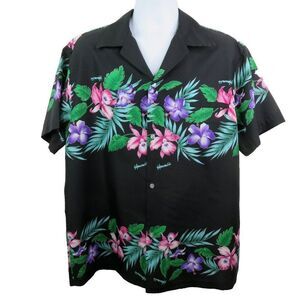 Vintage Kaikamahine Aloha Hawaiian Shirt Size XL Black Border Print Floral Poly